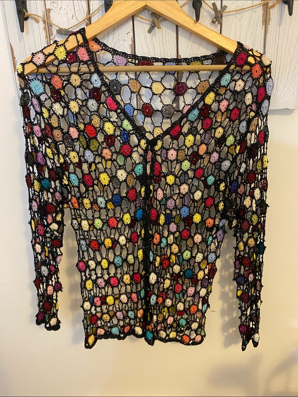 Handmade cardigan open Crochet Floral Top with Multicolor Accents